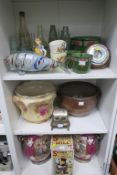 Three Shelves to include Glass Bottles, Large Pots, Spong & Company Ltd Coffee Mil