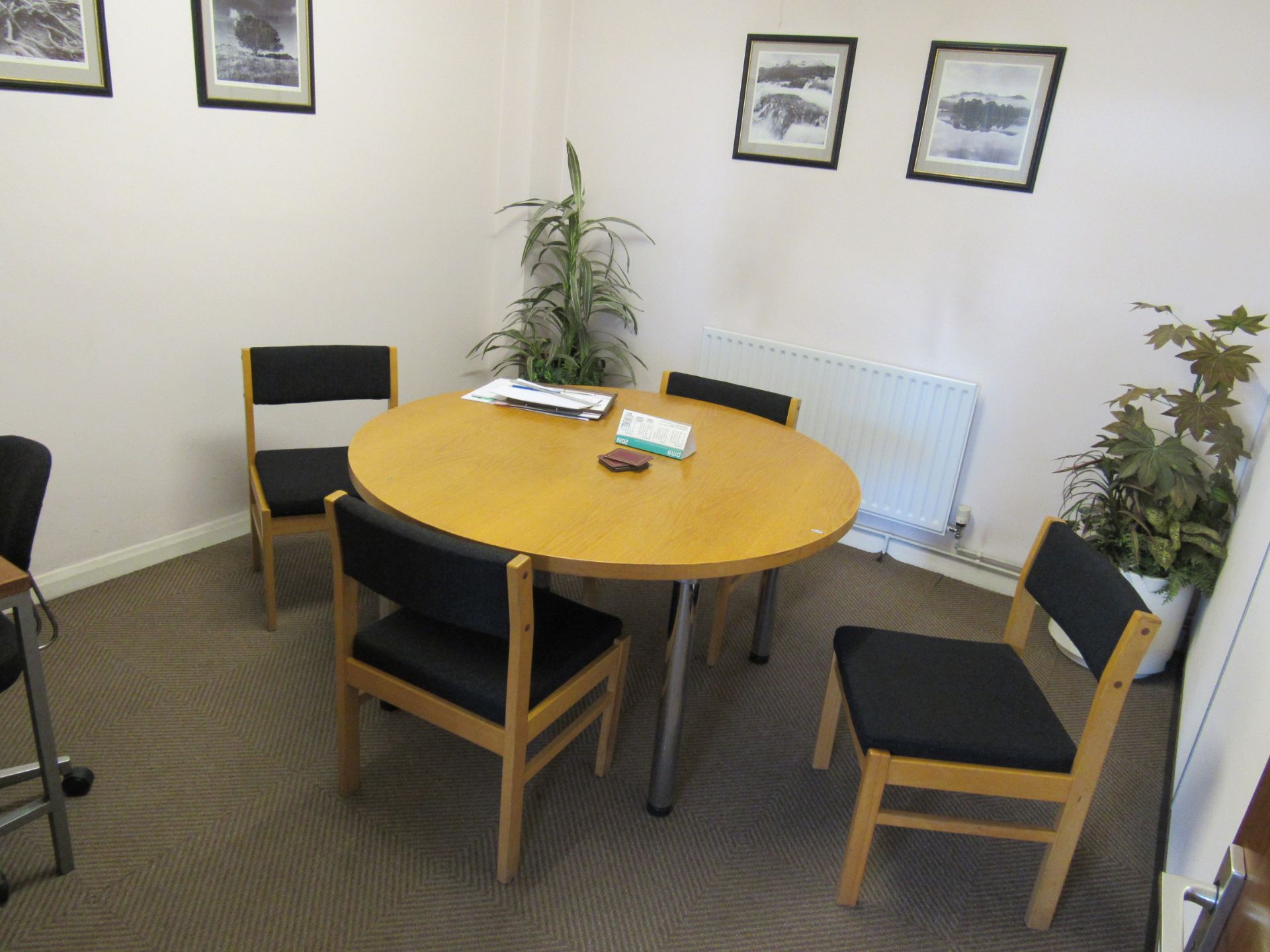 Suite Meeting Room Contents, Round Meeting Table with 4 Chairs and Desk, 2 Artificial Plants