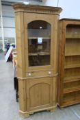 Stripped Pine Standing Corner Display Cabinet with