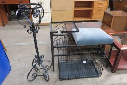 A Pet Carrying Cage, a Wrough Iron Plant Stand and