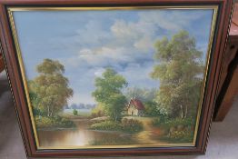 Framed Oil on Board Painting of Waterside retreat