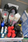 Box of Assorted Carb Cleaners, Helmet Cleaners, Engine Oil etc.