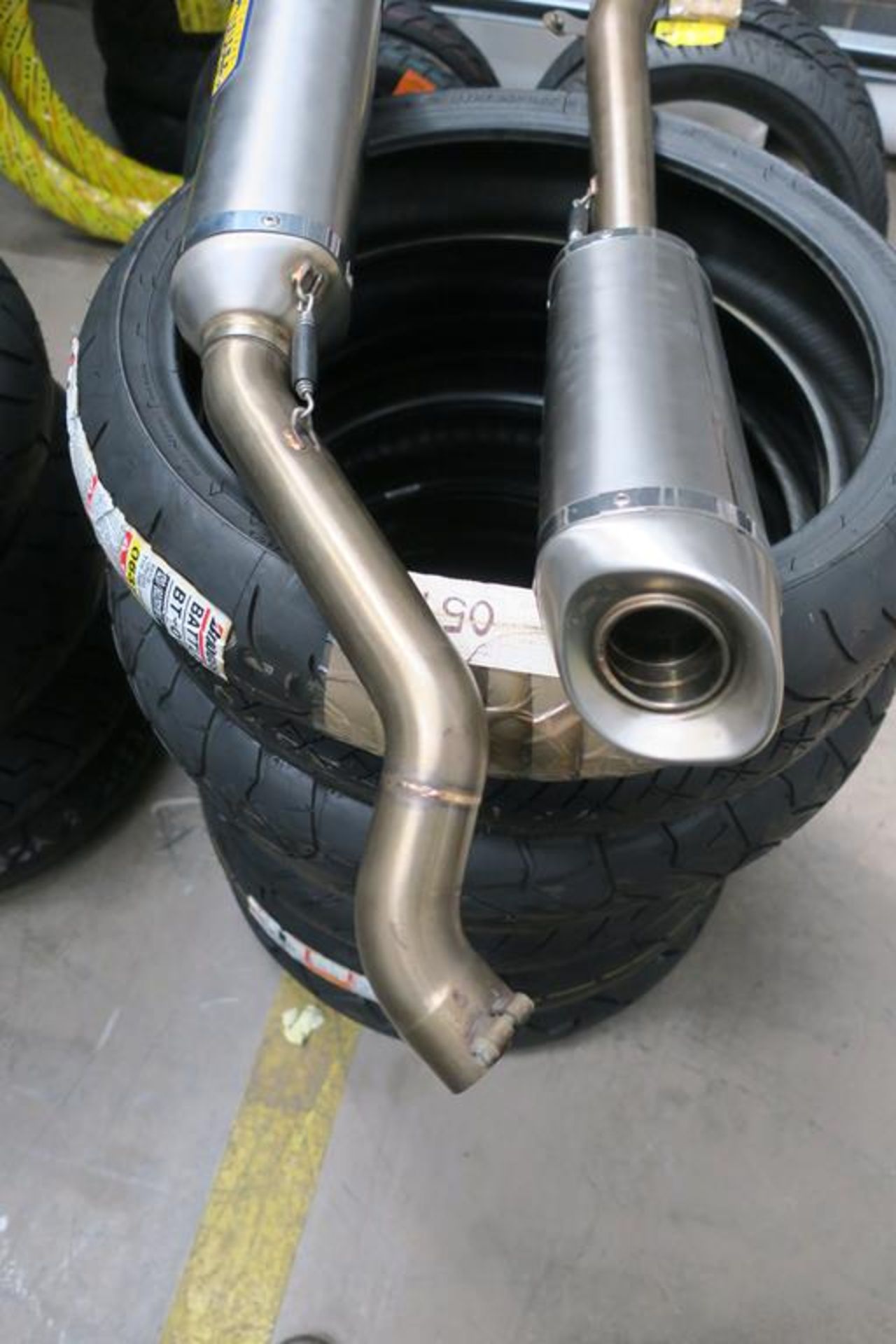 Assorted Qty of Different Sized Motorcycle Tyres and Arrow Special Parts Twin Exhaust - Image 8 of 8