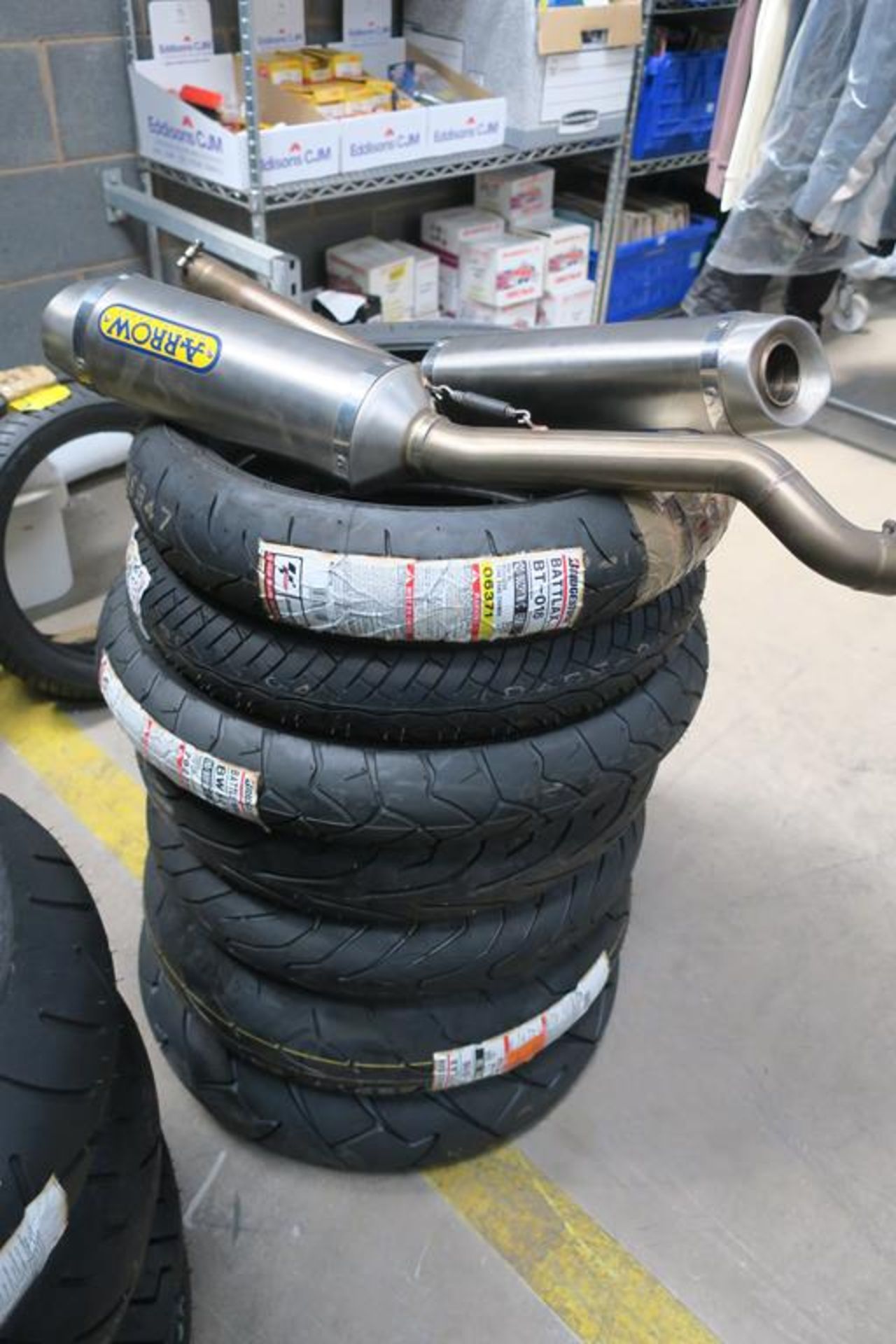 Assorted Qty of Different Sized Motorcycle Tyres and Arrow Special Parts Twin Exhaust