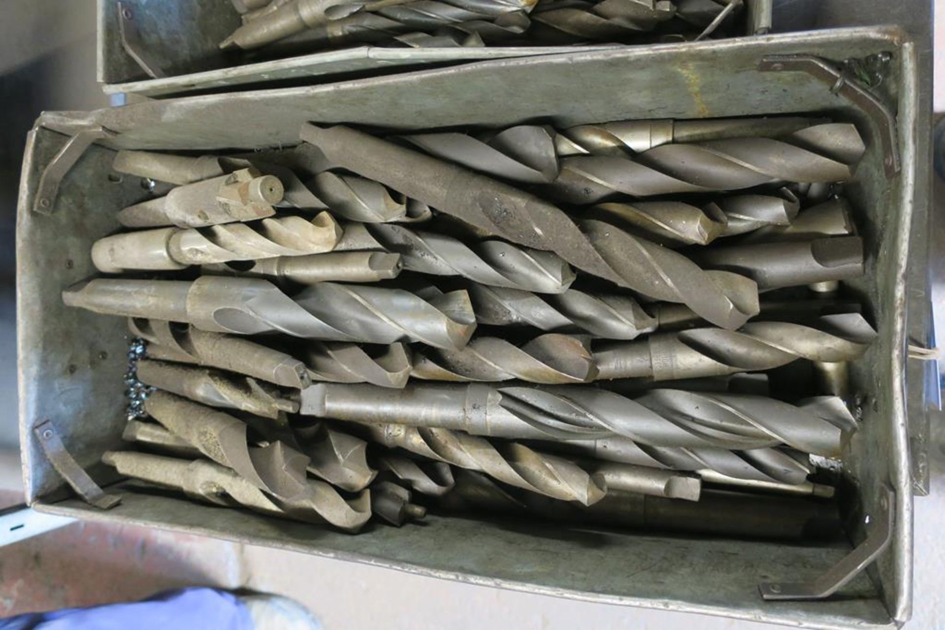 Metal Tote Bin containing a Quantity of Taper Drills