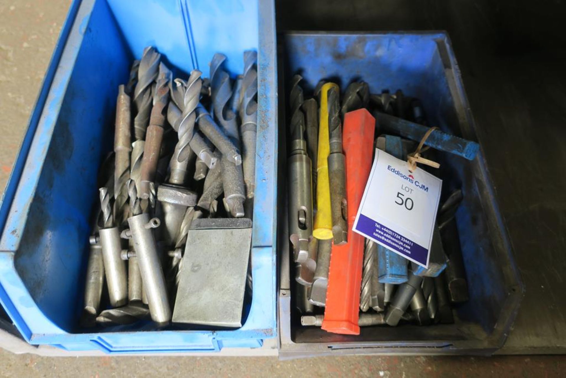 Two Bins of Assorted Drills, Taper and Straight Shank