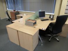 Left Hand and Right Hand Maple Effect Desks 1600x1170mm with 4 3 Drawer Desk High Pedestals and 2