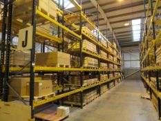 8 Bays Link 51H Pallet Racking, 9 End Frames 74 2.7m Cross Beams and Quantity Boarded Shelving