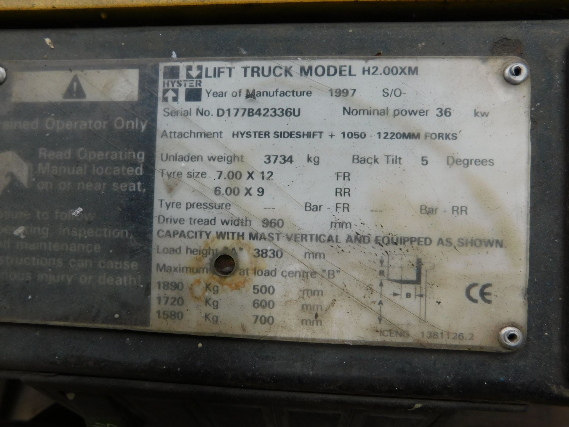 Hyster H2.00XM Diesel Fork Lift Truck Serial Numbe - Image 6 of 6