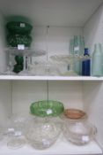 A Selection of Clear Glass Cake Stands, a Green Gl