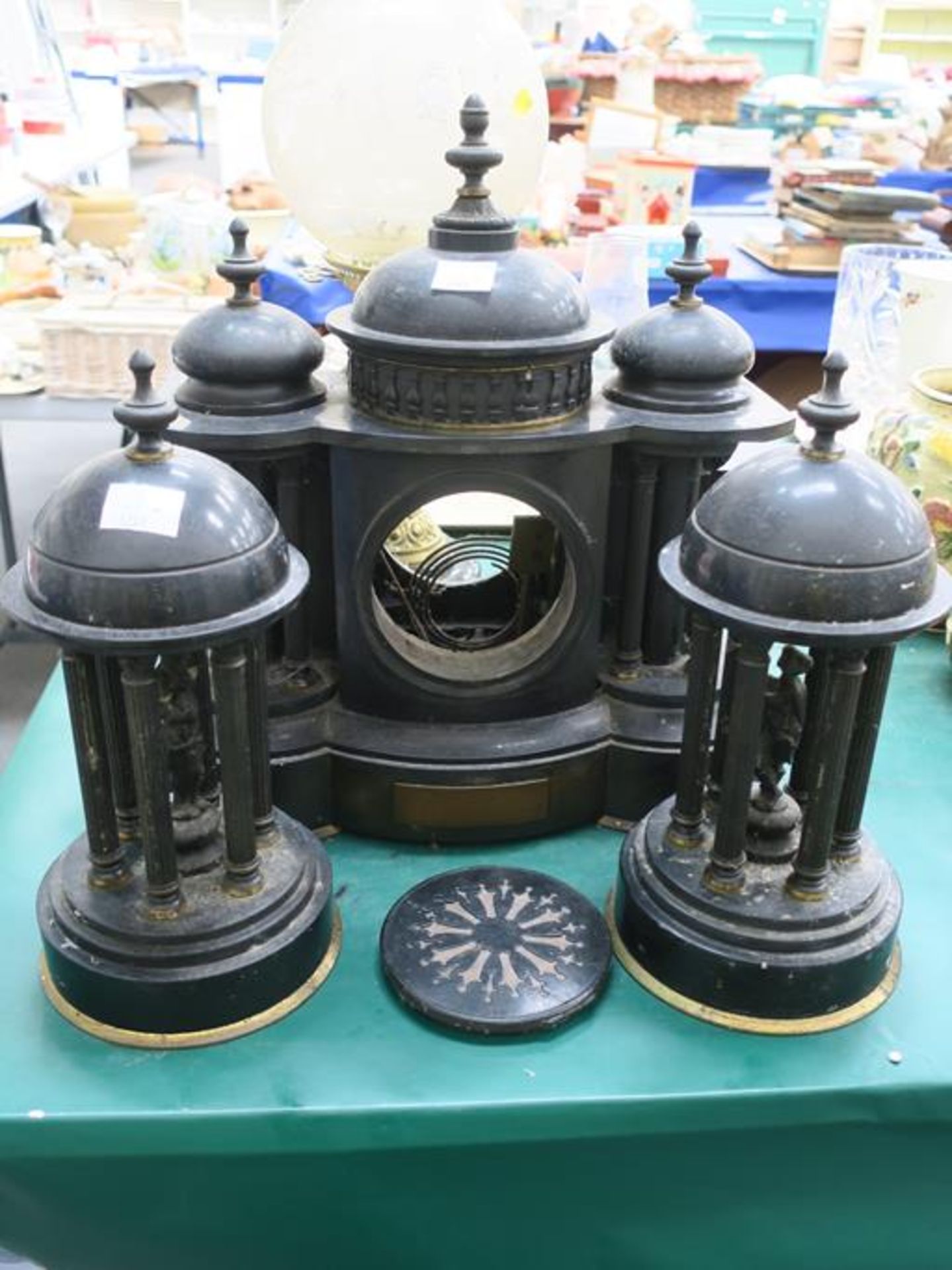 A Victorian black slate part Clock Garniture