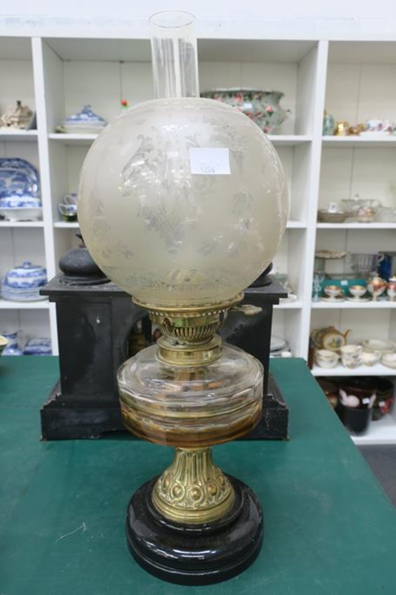 A Brass and Glass Oil Lamp with Shade and Chimney - Image 3 of 3