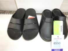 Pair of New Oofos Ooclog Luxe Clog, Black size 4.5 together with a Pair of Similar Open Sandals