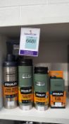 Four Stanley Flasks and a TiV Vacuum Flask 'Lifeventure 1000' (boxed). The Stanley Flasks include a