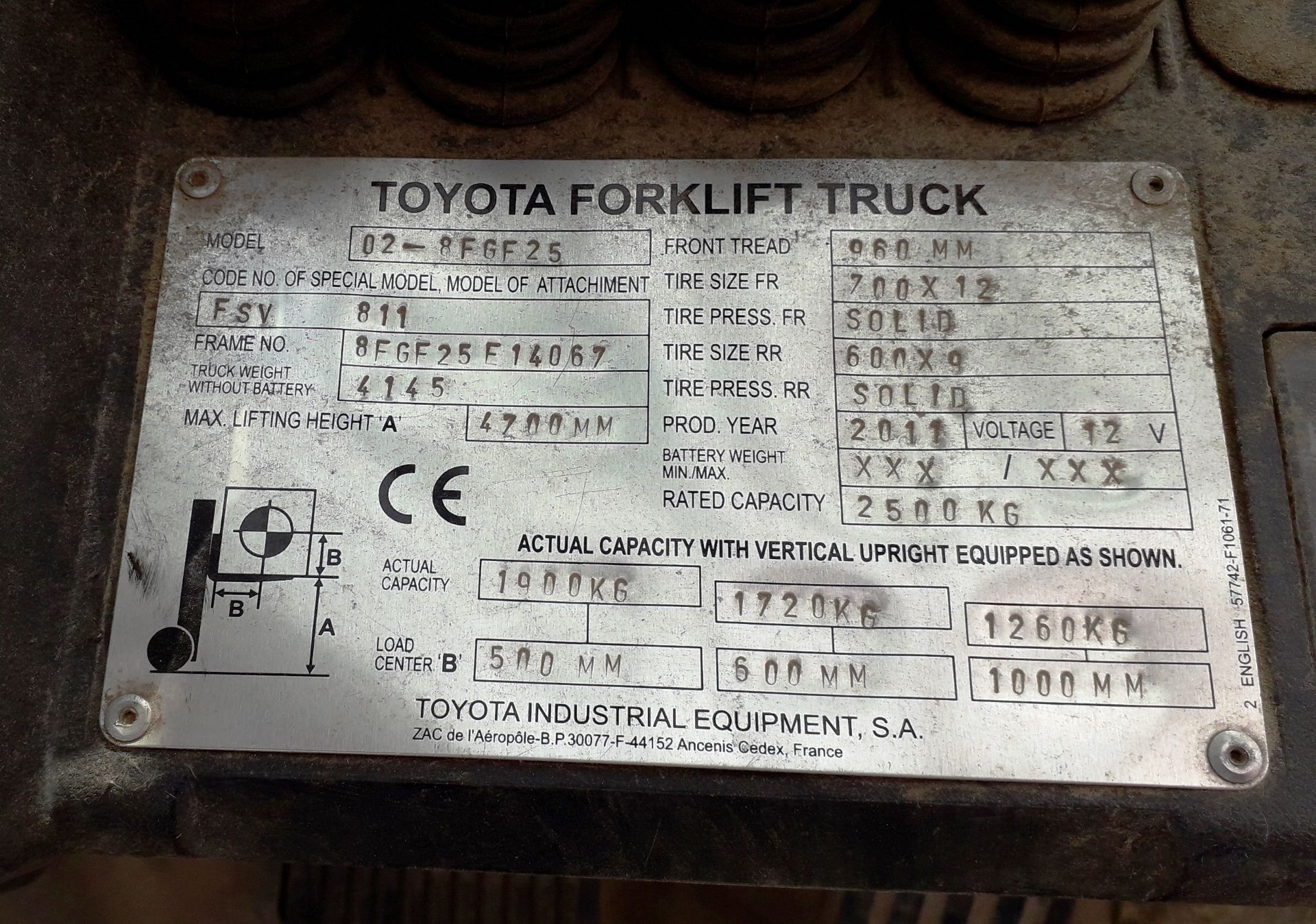 Toyota Tonero 8FG F25 LPG Forklift Truck, 2500kg capacity, approximately 6225 hours, frame number - Image 5 of 6