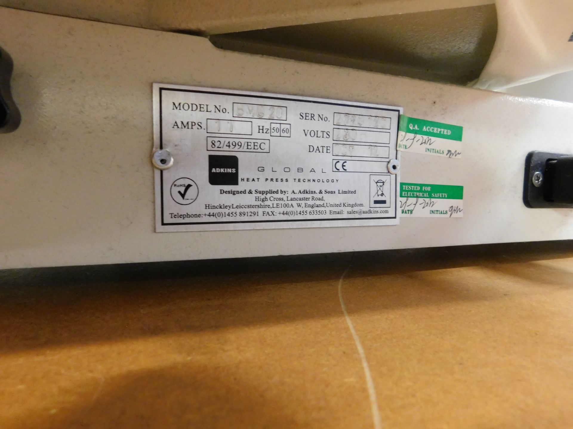 Adkins Magic Touch BMC20 heat press, Serial Number 278012C, Year 2012 - Image 2 of 3