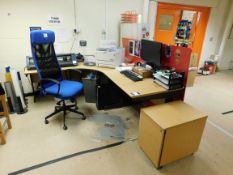 Curved 2 station work area with monitor, chair and pedestal