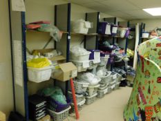 Shelving and contents, to include various plain clothing for example t-shirts, fleeces etc