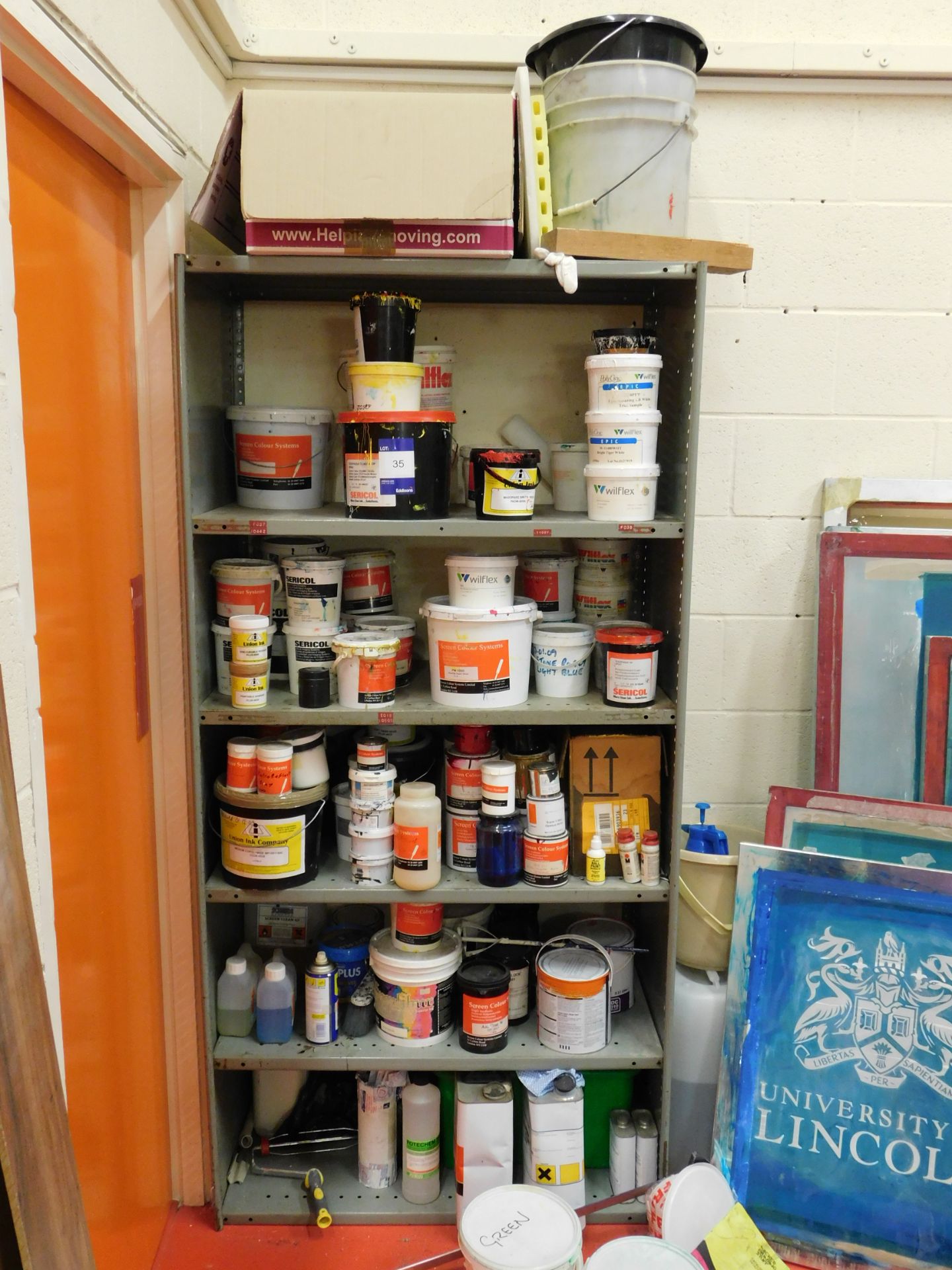 Shelving and contents to include various plastersol inks