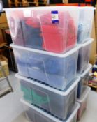 8 x Plastic boxes of various sized / colours / manufactures plain hoodies