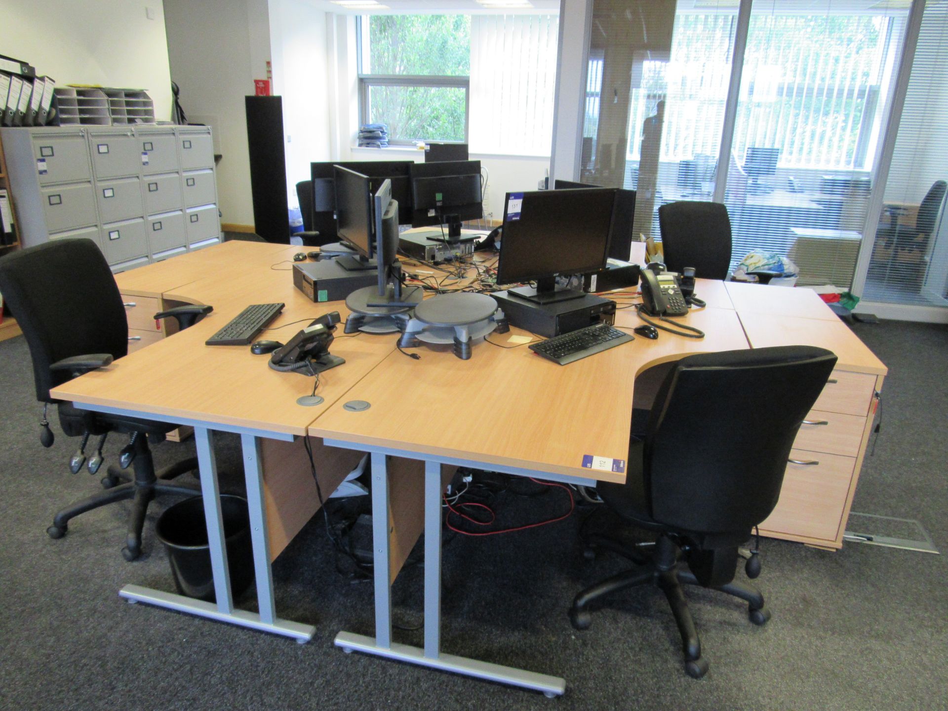 4 Beech Effect Radius Desks 1600x1200mm with 4 Desk High Multi Drawer Pedestals and 4 Upholstered - Image 2 of 2