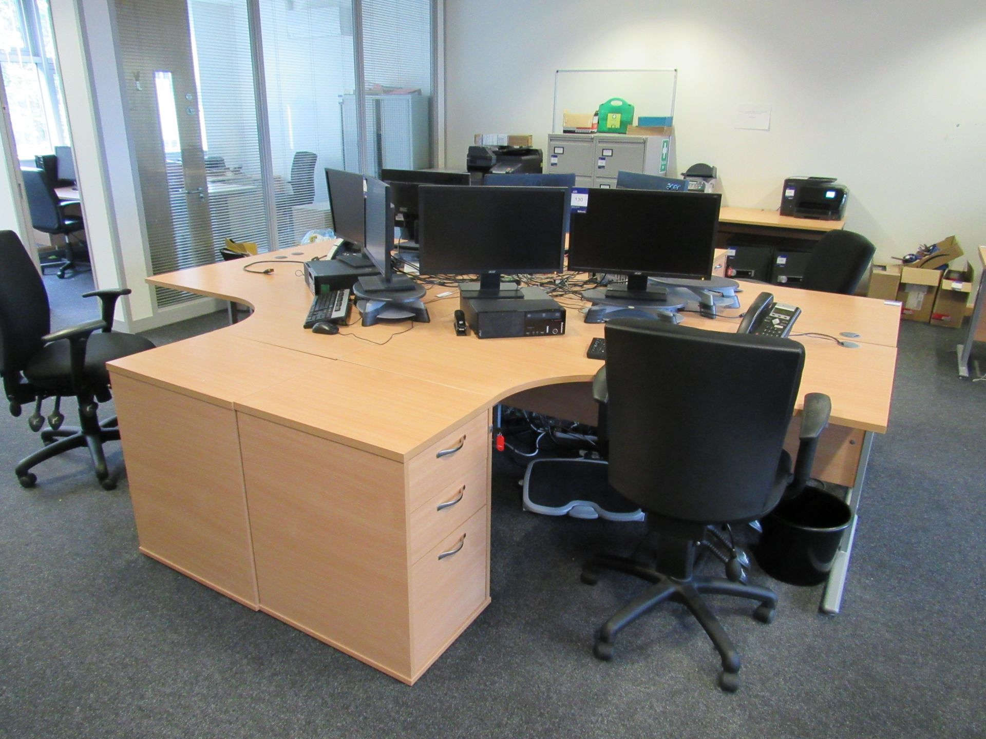 4 Beech Effect Radius Desks 1600x1200mm with 4 Desk High Multi Drawer Pedestals and 4 Upholstered