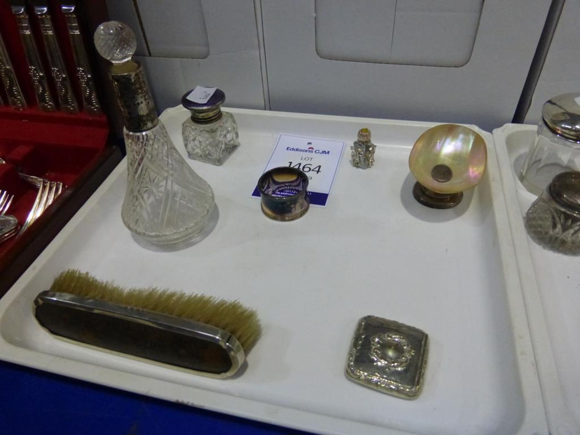 Various Silver Hallmarked items, Scent Bottles, Brush, Mounted Mother of Pearl Dish