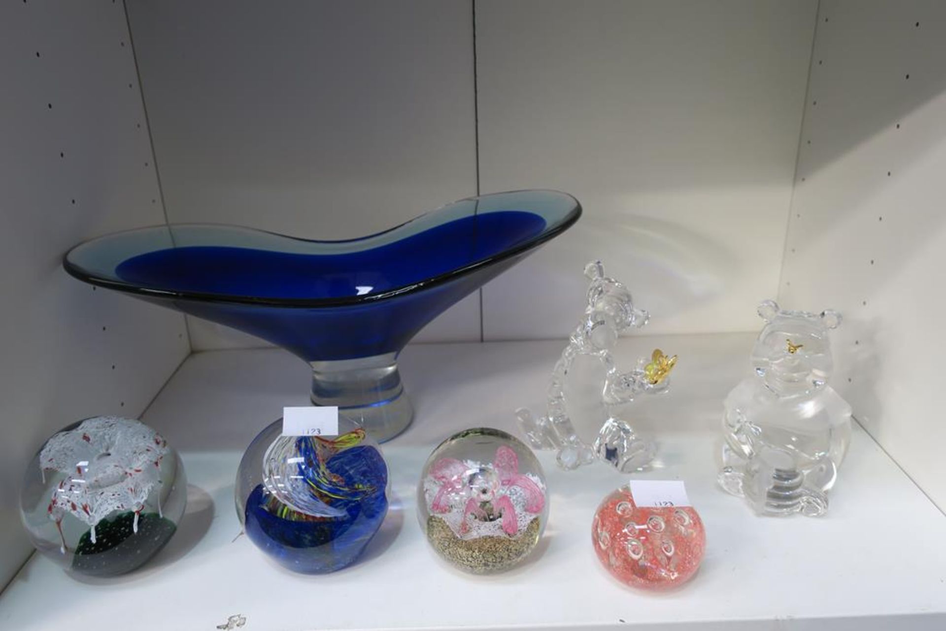 A shelf of Glassware including two Lenox Disney Figures