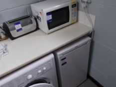 Beko undercounter fridge, Panasonic Microwave, and Kenwood Toaster