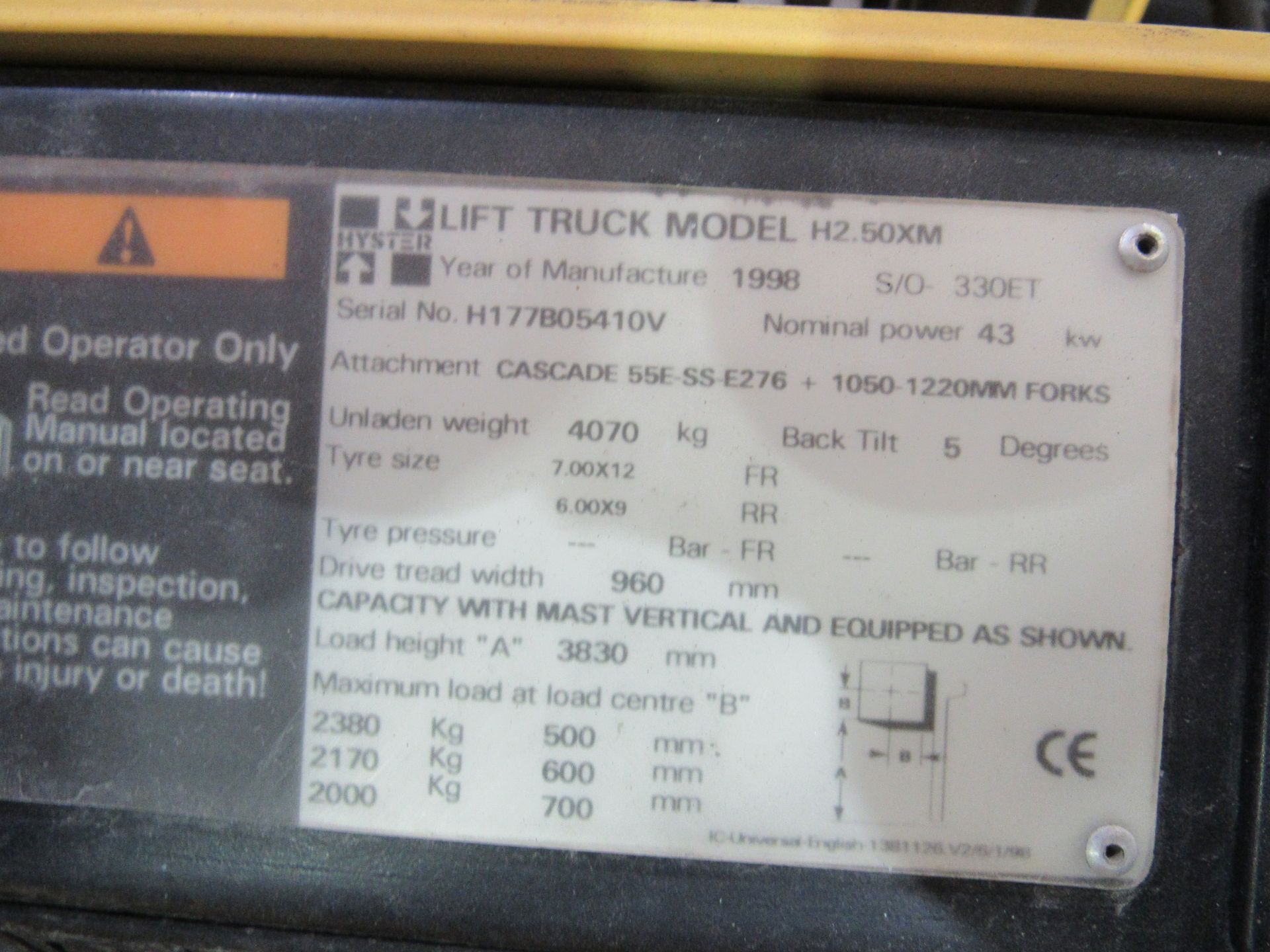 Hyster 2.50XM LPG Duplex Mast Forklift Truck, Serial Number H177B05410V, 1998, 9028 Hours - Image 7 of 7