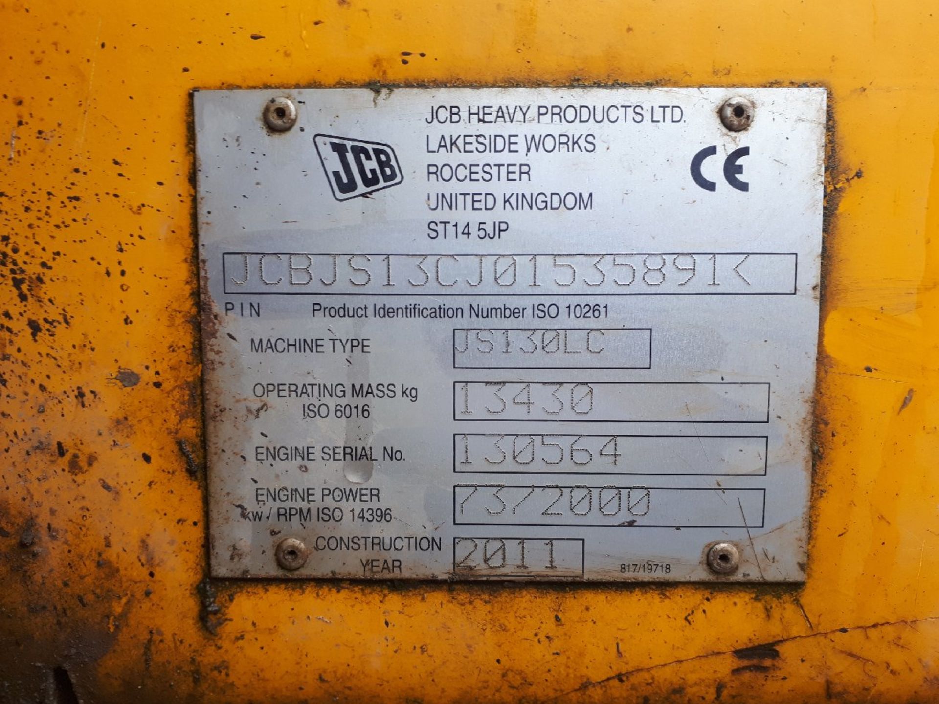 JCB JS130LC Excavator, Weight 13430kg, Serial Number 130564, Year 2011, 7912 hours, anti vandal - Image 8 of 8