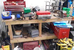 Workbench with Record No. 4 Vice and quantity of tool boxes & contents, loose hand tools