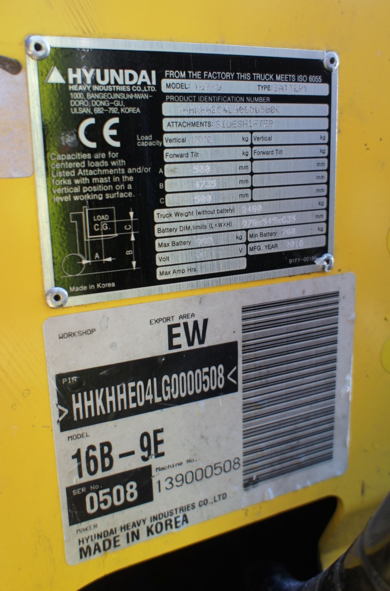 2016 Hyundai 16B-9 Electric Forklift, 1370kg rated capacity, container spec triple mast, 4750mm lift - Image 12 of 17