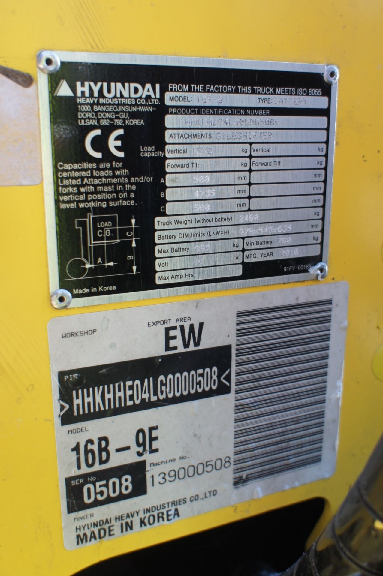 2016 Hyundai 16B-9 Electric Forklift, 1370kg rated capacity, container spec triple mast, 4750mm lift - Image 11 of 17