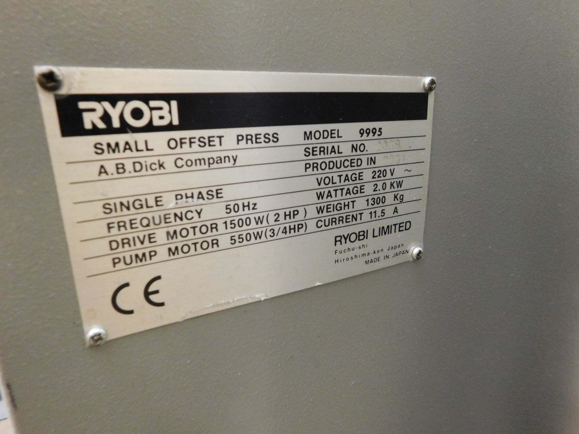 Ryobi Two Color Offset Press Model 9995 Serial Number 2068 (2001) Single Phase (329888imp) - Image 6 of 7