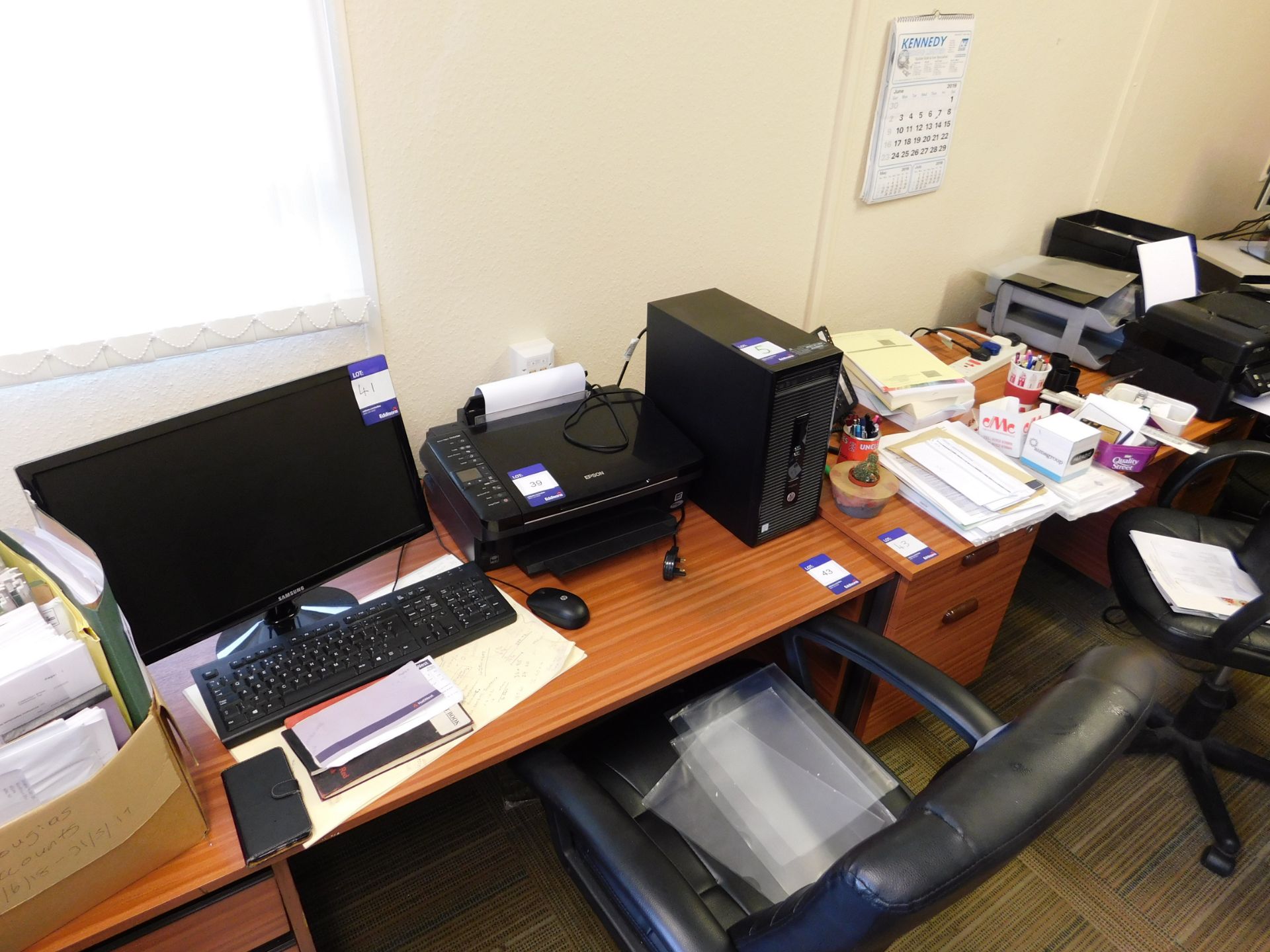 2 Sapele Effect Rectangular Desks, 2 Leather Effect Mobile Office Chairs and 1 Upholstered Office