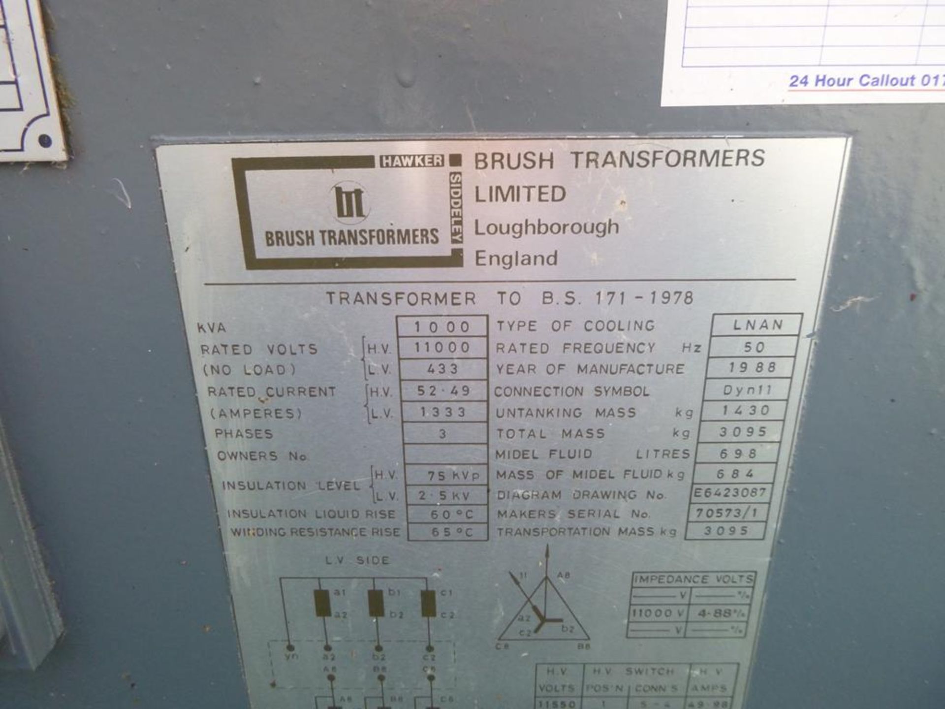 1988 Bowers Transformer 1000KVA & Switch Panel - Image 3 of 7