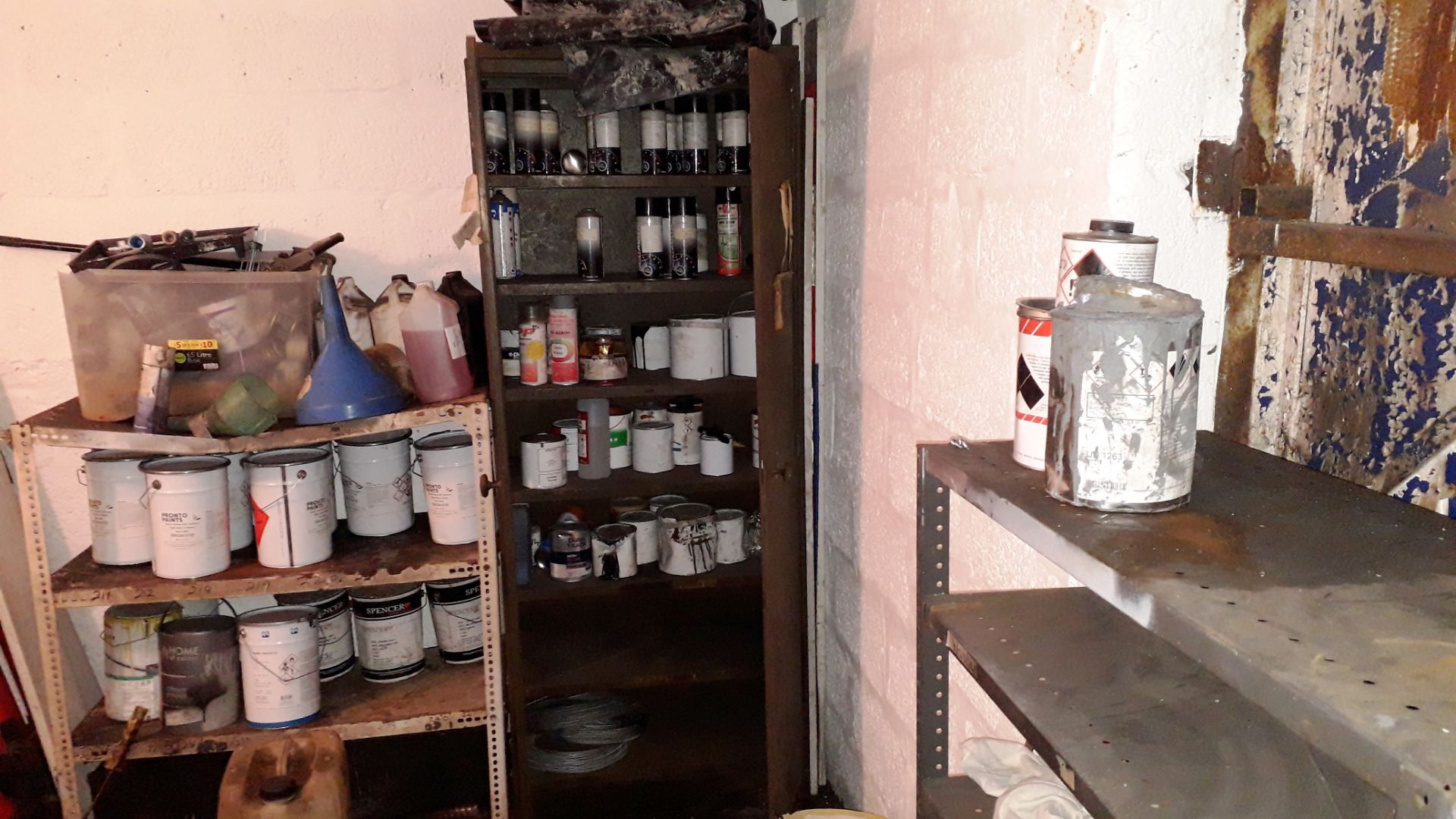 Contents of Room comprising of Paints, Treatments, Plastic Barrier, Jerry Can etc.