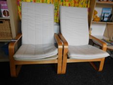 2 Oak Effect Wood Framed Upholstered Chairs