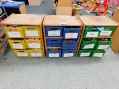 3 Wooden 6 Drawer Childs Size Storage Units and Contents