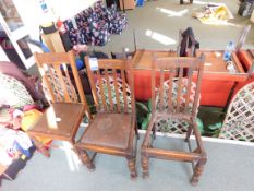 3 x Dark wood high backed chairs (one missing a cushion)
