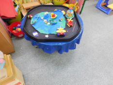 Contents of Childs Play Area to include Balls, Low Level Table with Plastic Play Area, Skittles