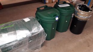 2 x Black Dustbins, 2 x Green Mini Wheelie Bins an