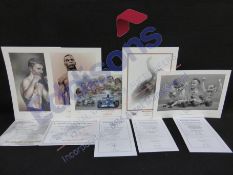 Sports Autographs: Collection of seventeen prints relating to motor sport, boxing, football