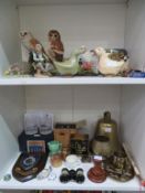 Two shelves to include a large Brass Bell, Humbers