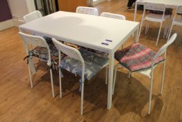 White Contemporary Rectangular Table with 6 Plastic / Metal Framed Chairs (Located Dining Area)