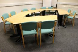 Light Oak 9 Section Meeting Tables with 10 Wood Framed Upholstered Meeting Chairs (Located Meeting