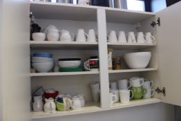 Contents of 2 Cupboards to include Crockery, Thermos Flasks, Condiment sets etc. (Located