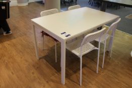 White Contemporary Rectangular Table with 4 Plastic / Metal Framed Chairs (Located Dining Area)
