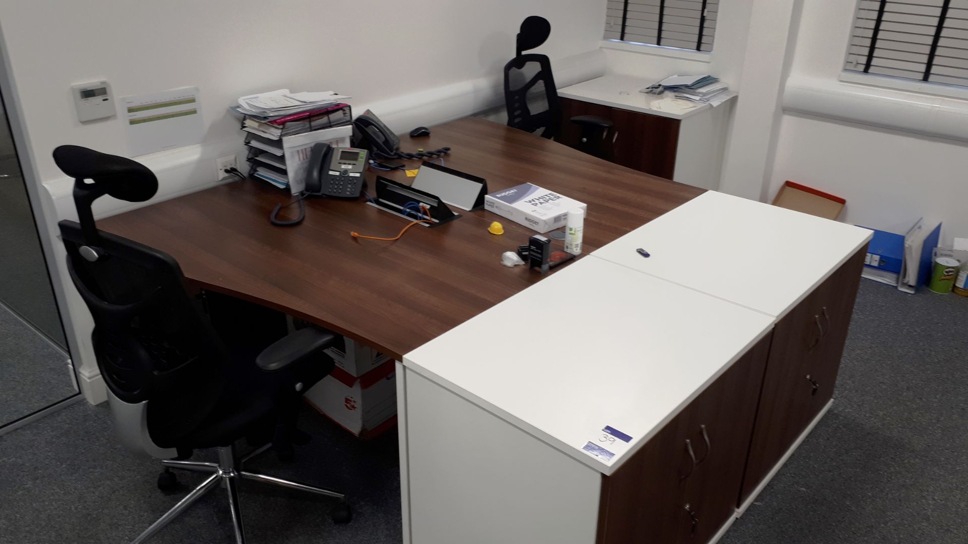 2 white laminate/oak laminate workstations 1400 x 1000mm, 2 pedestals, 2 mobile swivel chairs and